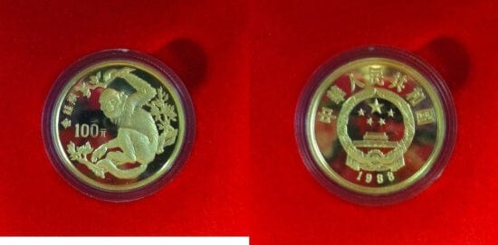 中国 珍稀動物 サル 1988年 100元 金貨 プルーフ