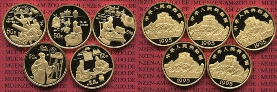 kosuke_dev 中国 古代科技発明記念幣 1995年 50元 金貨 5枚セット プルーフ