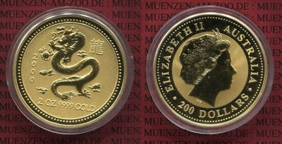 kosuke_dev 中国 オーストラリア 辰 ドラゴン エリザベス2世 2000年 200ドル 金貨 未使用