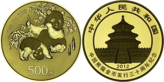 中国 パンダ金貨発行30周年コイン 1oz 500元 2012年 プルーフ