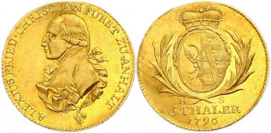 kosuke_dev アンハルト=ベルンブルク アレクシオス･フリードリヒ･クリスチャン 1796年 5ターレル 金貨 未使用