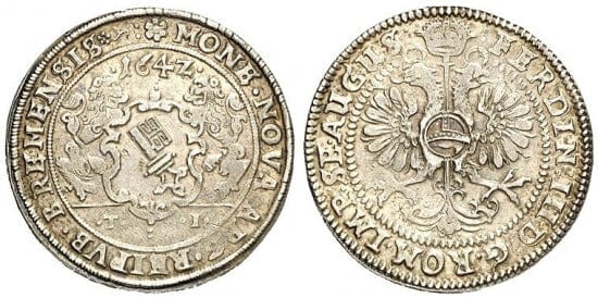 kosuke_dev 神聖ローマ帝国 ブレーメン ダブルイーグル 1642年TI ターレル 銀貨 彫刻署名花 美品