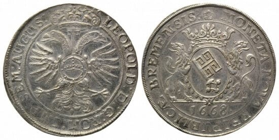 kosuke_dev 神聖ローマ帝国 ブレーメン ダブルイーグル 1668年 ダブルターレル 銀貨 美品