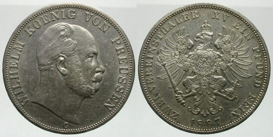 kosuke_dev ブランデンブルク プロイセン ヴィルヘルム1世 1867年C ダブルターレル 銀貨 未使用
