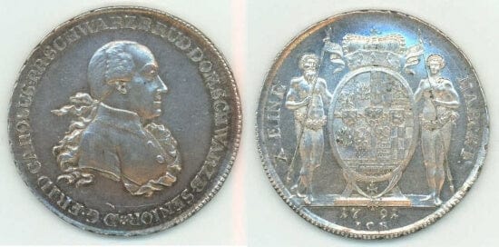 シュヴァルツブルク ルードルシュタット カール・フリードリヒ 1791年 公国 ターレル 銀貨 未使用-極美品