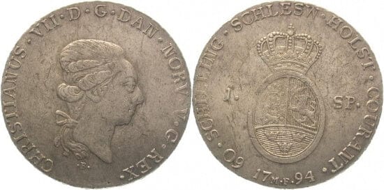 シュレースヴィヒ=ホルシュタイン州 クリスチャン7世 ロイヤルライン 1794年B ターレル 銀貨 未使用-極美品