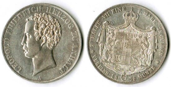 アンハルト=デッサウ レオポルド・フリードリヒ・ヘルツォーク 1839年 ダブルターレル 銀貨 極美品-美品