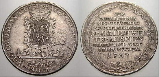kosuke_dev ソルムス ラウバッハ クリスチャン・アウグスト 1767年 ターレル 銀貨 極美品