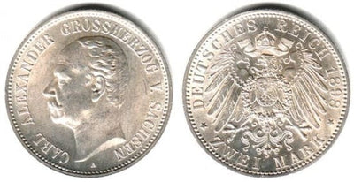 kosuke_dev ザクセン＝ヴァイマル＝アイゼナハ大公国 カール・アレクサンダー 1898年A 2マルク 銀貨 未使用