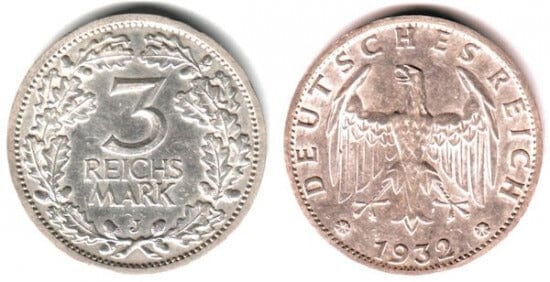 ワイマール共和国 イーグル 1932年J 3マルク 銀貨 極美品