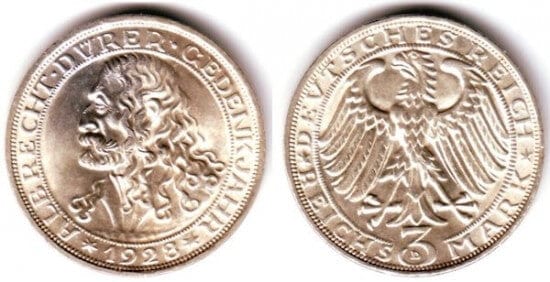 kosuke_dev ワイマール共和国 アルブレヒト・デューラー 1928年D 3マルク 銀貨 未使用