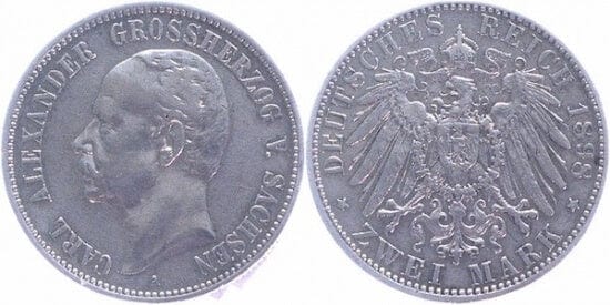 kosuke_dev ザクセン＝ヴァイマル＝アイゼナハ大公国 カール・アレクサンダー 1898年A 2マルク 銀貨 美品+