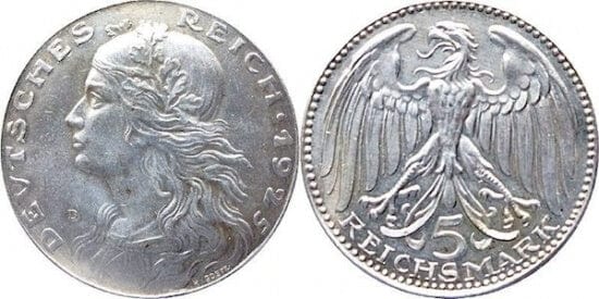 ワイマール共和国 1925年 5マルク 銀貨 極美品