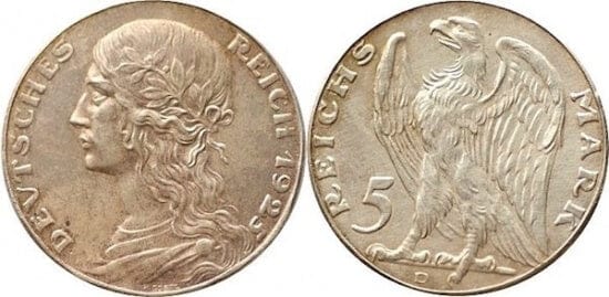 kosuke_dev ワイマール共和国 1925年D 5マルク 銀貨 極美品
