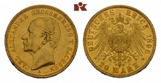 ザクセン＝ヴァイマル＝アイゼナハ大公国 カール・アレクサンダー 1896年 20マルク 金貨 美品