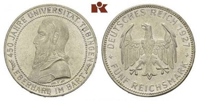 ワイマール共和国 チュービンゲン大学450周年 1927年F 5マルク 銀貨 未使用