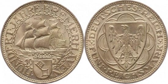 kosuke_dev ワイマール共和国 ブレーマーハーフェン 1927年A 5マルク 銀貨 極美品