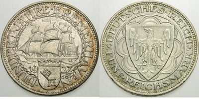 kosuke_dev ワイマール共和国 ブレマーハーフェン 1927年A 5マルク 銀貨 極美品-美品