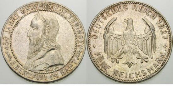 kosuke_dev ワイマール共和国 チュービンゲン大学450周年 1927年F 5マルク 銀貨 極美品