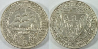 kosuke_dev ワイマール共和国 ブレーマーハーフェン 1927年 5マルク 銀貨 美品