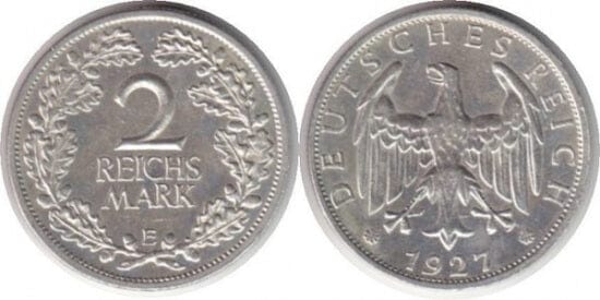 kosuke_dev ワイマール共和国 イーグル 1927年E 2マルク 銀貨 極美品