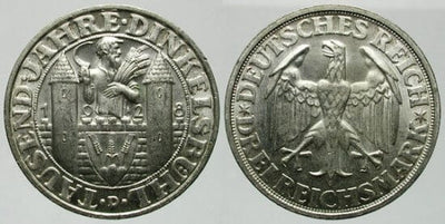 kosuke_dev ワイマール共和国 ディンケルスビュール創立1000周年記念 1928年D 3マルク 銀貨 未使用-極美品