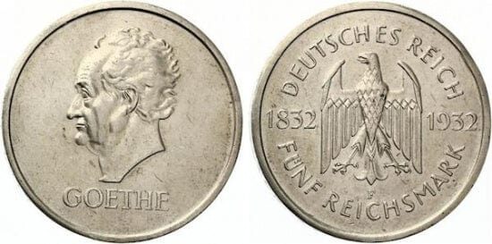 kosuke_dev ワイマール共和国 ゲーテ死後100年記念 1932年F 5マルク 銀貨 極美品