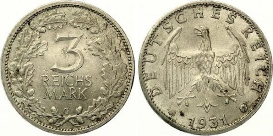 kosuke_dev ワイマール共和国 イーグル 1931年G 3マルク 銀貨 未使用-極美品