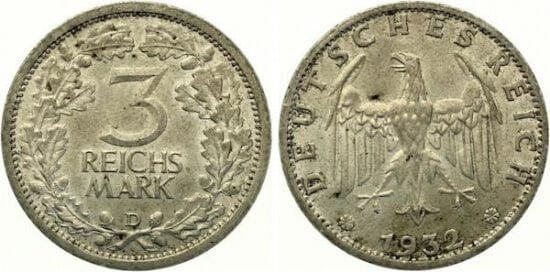 kosuke_dev ワイマール共和国 イーグル 1932年D 3マルク 銀貨 未使用 ファイントーニング