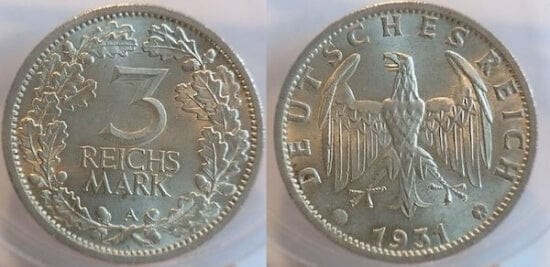 kosuke_dev ワイマール共和国 イーグル 1931年A 3マルク 銀貨 未使用