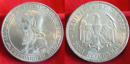 ワイマール共和国 チュービンゲン大学450周年 1927年 3マルク 銀貨 未使用-極美品
