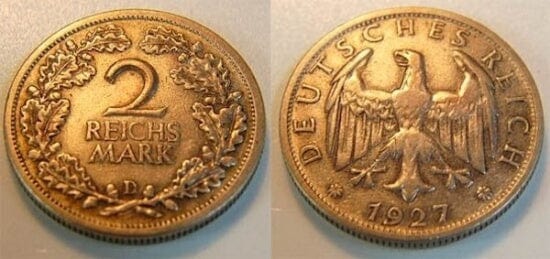 ワイマール共和国 イーグル 1927年D 2マルク 銀貨 極美品-美品