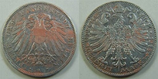 kosuke_dev リューベック ザクセン=ワイマール イーグル 1915年 3マルク エラーコイン 銅アルミ 極美品-美品