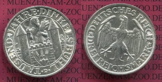 kosuke_dev ワイマール共和国 ディンケルスビュール創立1000周年記念 1928年D 3マルク 銀貨 未使用