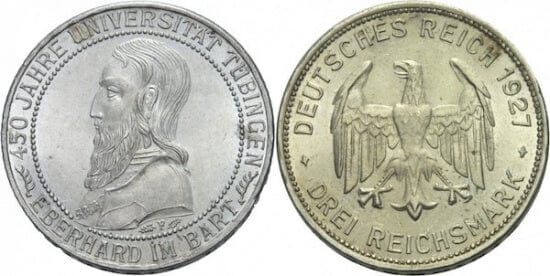 kosuke_dev ワイマール共和国 チュービンゲン大学450周年 1927年 3マルク 銀貨 未使用-極美品
