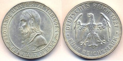 kosuke_dev ワイマール共和国 チュービンゲン大学450周年 1927年F 5マルク 銀貨 未使用-極美品
