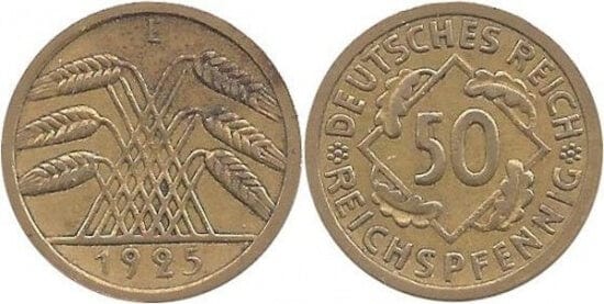 kosuke_dev ワイマール共和国 1925年 50ペニヒ 真鍮貨 極美品-美品