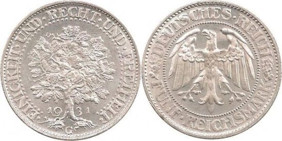 ワイマール共和国 樫の木 アイヒバウム 1933年 5マルク 銀貨 未使用