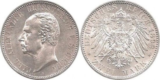 ザクセン＝ヴァイマル＝アイゼナハ大公国 カール・アレクサンダー 1892年 2マルク 銀貨 未使用