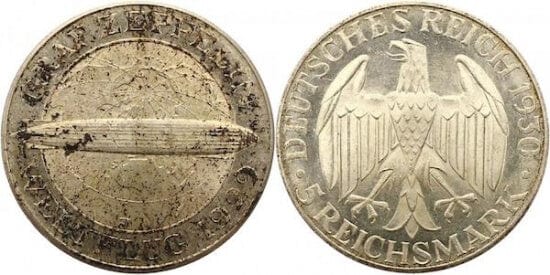 ワイマール共和国 グラーフツェッペリン 1930年J 5マルク 銀貨 未使用