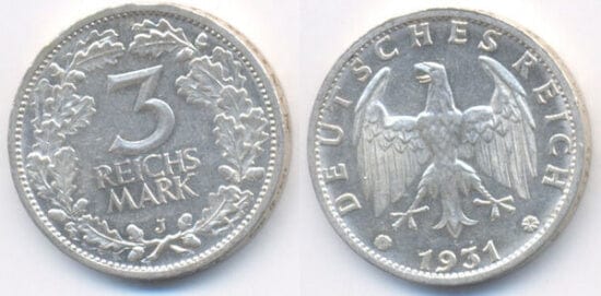 kosuke_dev ワイマール共和国 イーグル 1931年J 3マルク 銀貨 極美品+
