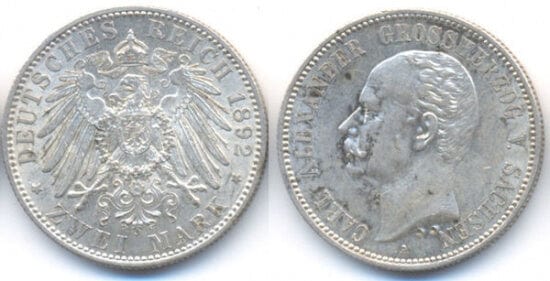 kosuke_dev ザクセン＝ヴァイマル＝アイゼナハ大公国 カール・アレクサンダー 1892年 2マルク 銀貨 極美品
