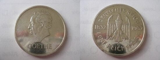 kosuke_dev ワイマール共和国 ゲーテ死後100年記念 1932年F 5マルク 銀貨 極美品