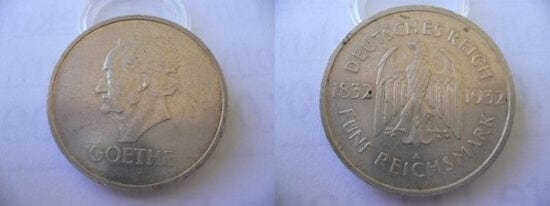 ワイマール共和国 ゲーテ死後100年記念 1932年A 5マルク 銀貨 極美品-美品