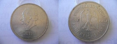 ワイマール共和国 ゲーテ死後100年記念 1932年A 5マルク 銀貨 極美品-美品
