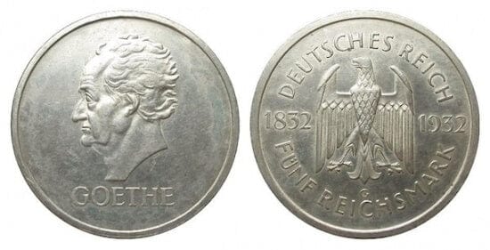 kosuke_dev ワイマール共和国 ゲーテ死後100年記念 1932年G 5マルク 銀貨 極美品
