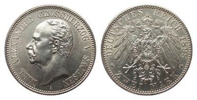 kosuke_dev ザクセン＝ヴァイマル＝アイゼナハ大公国 カール・アレクサンダー 1898年A 2マルク 銀貨 未使用-極美品