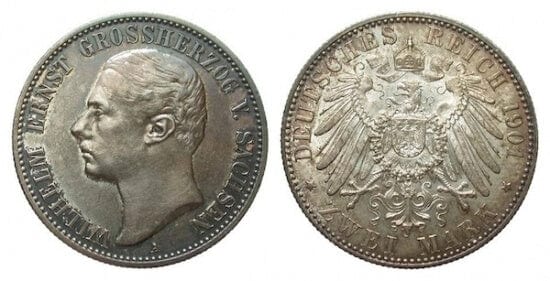 ザクセン=ヴァイマル=アイゼナハ大公国 ヴィルヘルム・エルンスト 1901年 2マルク 銀貨 未使用極美品 アンティークコインギャラリア