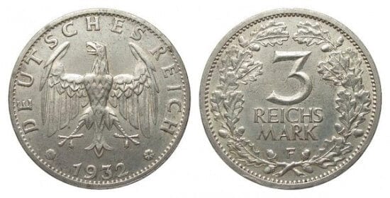 kosuke_dev ワイマール共和国 イーグル 1932年F 3マルク 銀貨 極美品-美品