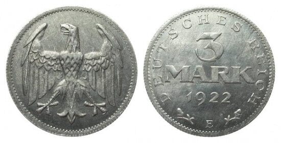 ワイマール共和国 イーグル 1922年E 3マルク アルミニウム貨 極美品